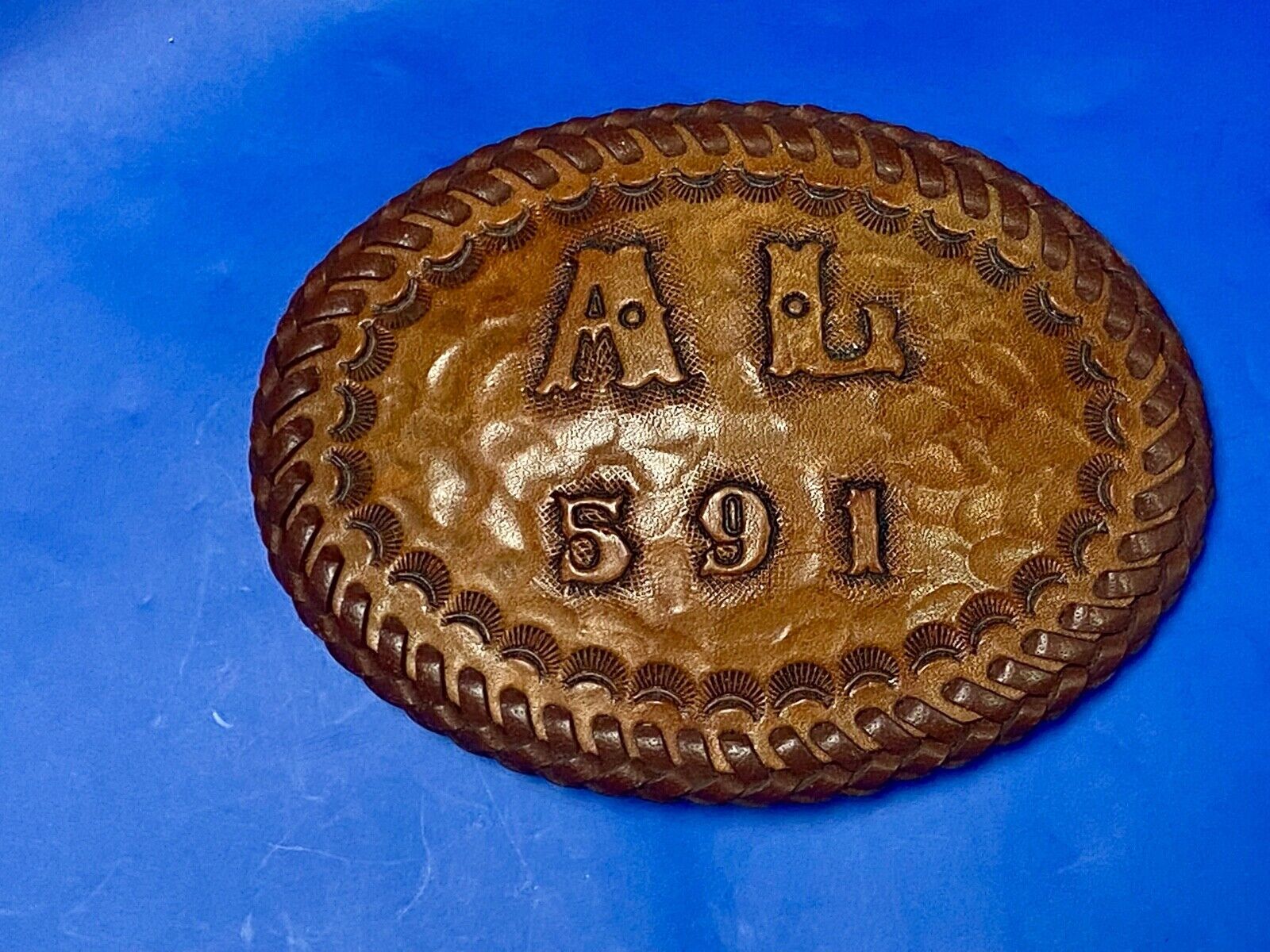 Al 591 Large Leather Tooled Stitched Name Western Belt Buckle.