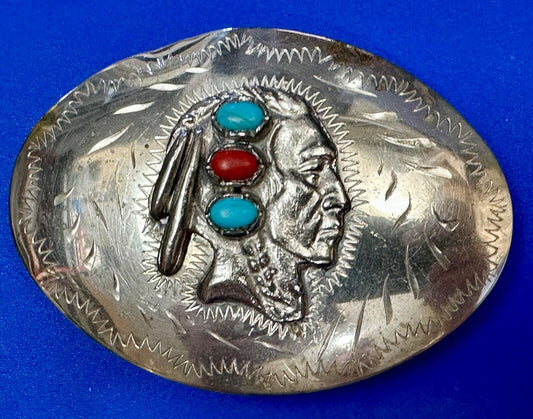 Artisan Native American Indian Bust Belt Buckle  Faux Turquoise & coral accents