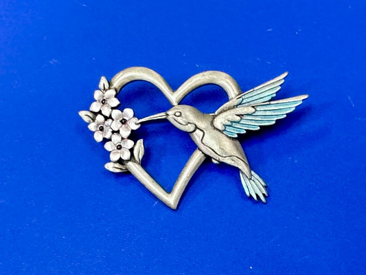 Vintage HUMMINGBIRD Brooch Pin Flowers & Heart Pewter Silver Tone Blue WIngs JJ