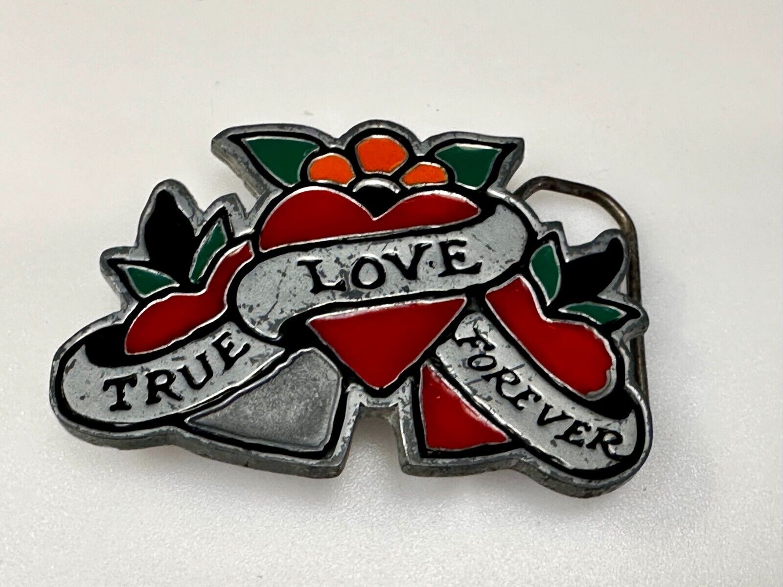 True Love Forever Three Hearts Ribbon Vintage Sailor Jerry Belt Buckle