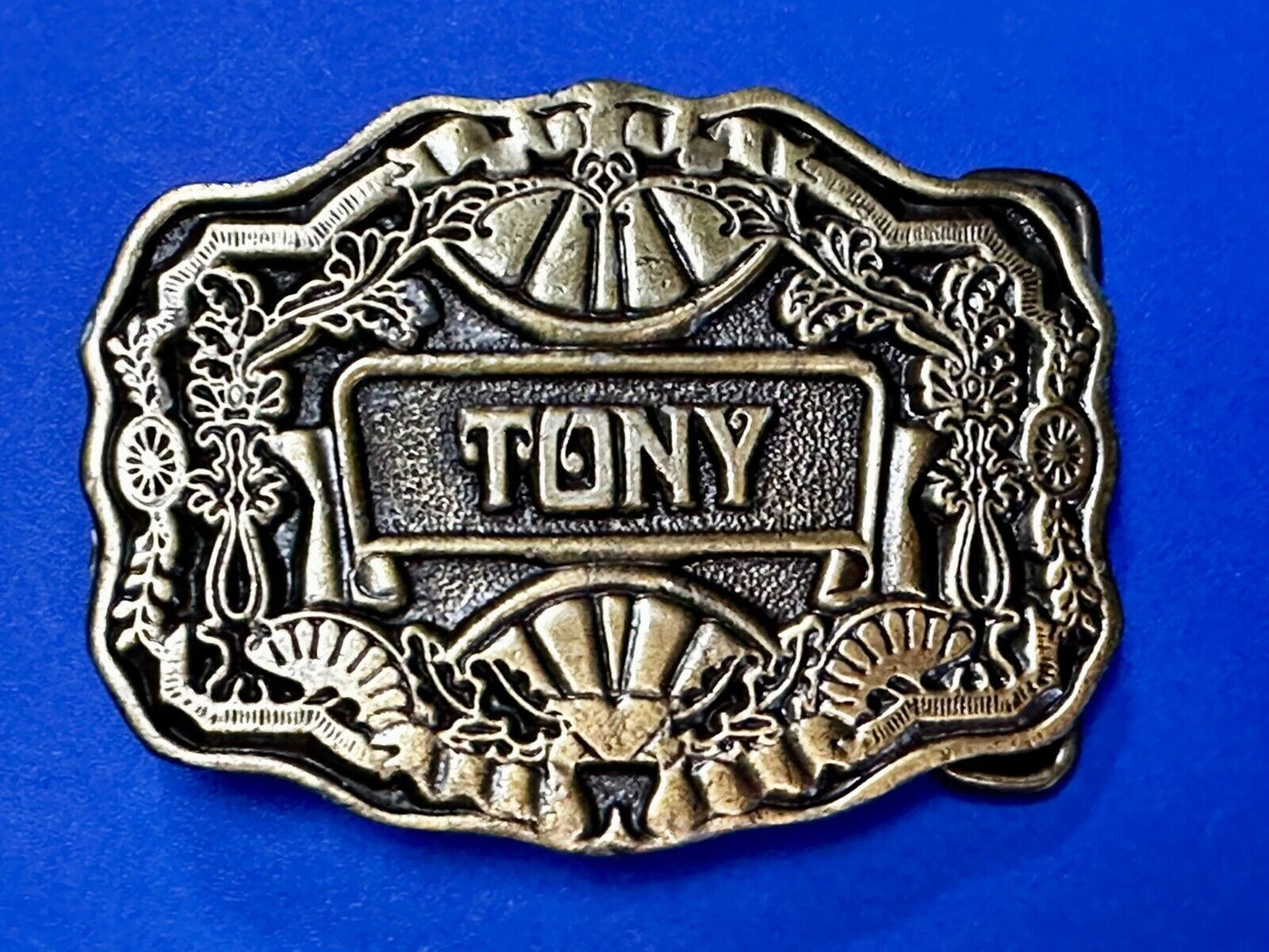 Tony Custom Name Western Framed  Flower Swirl Belt Buckle by ODEN Inc.