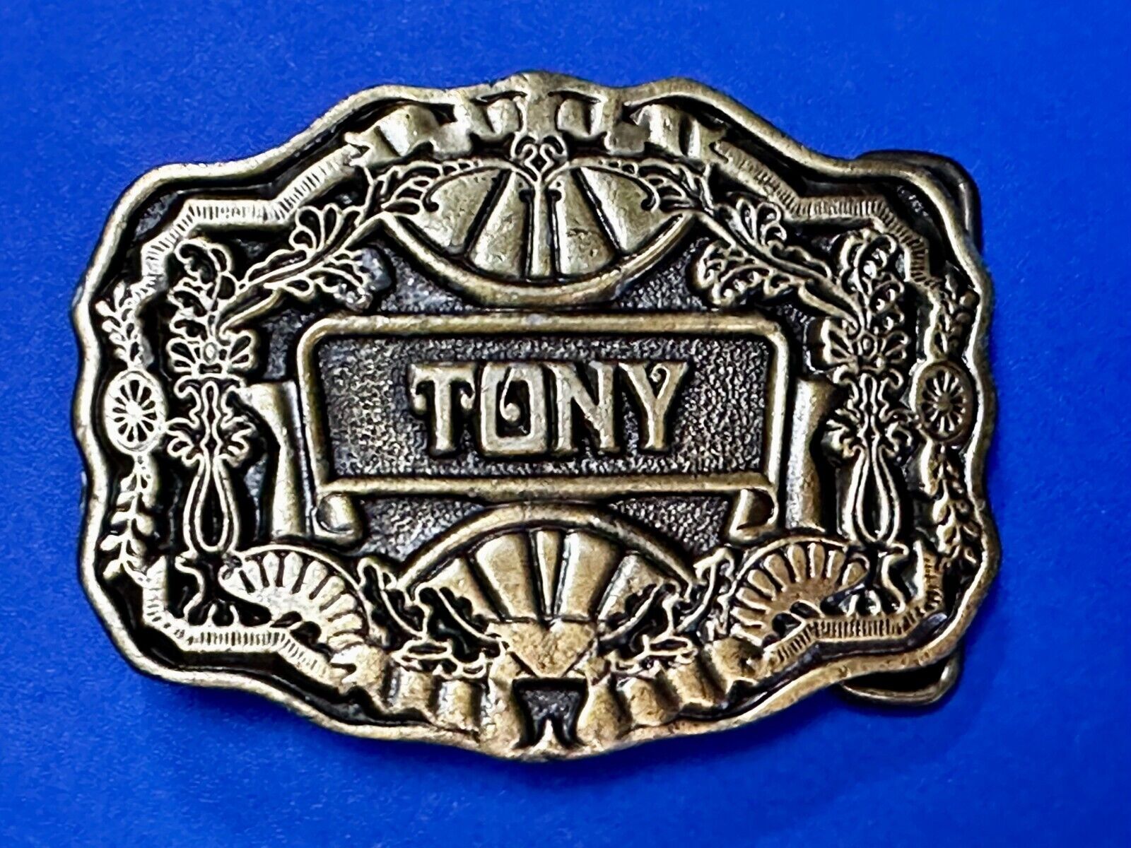 Tony Custom Name Western Framed  Flower Swirl Belt Buckle by ODEN Inc.