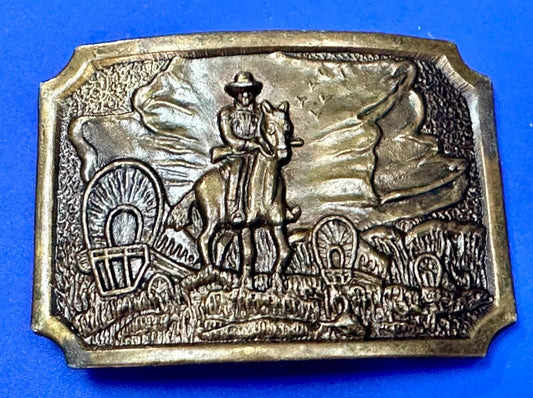 Tall In The Saddle Western Cowboy Horse Covered Wagon Belt Buckle New Condition