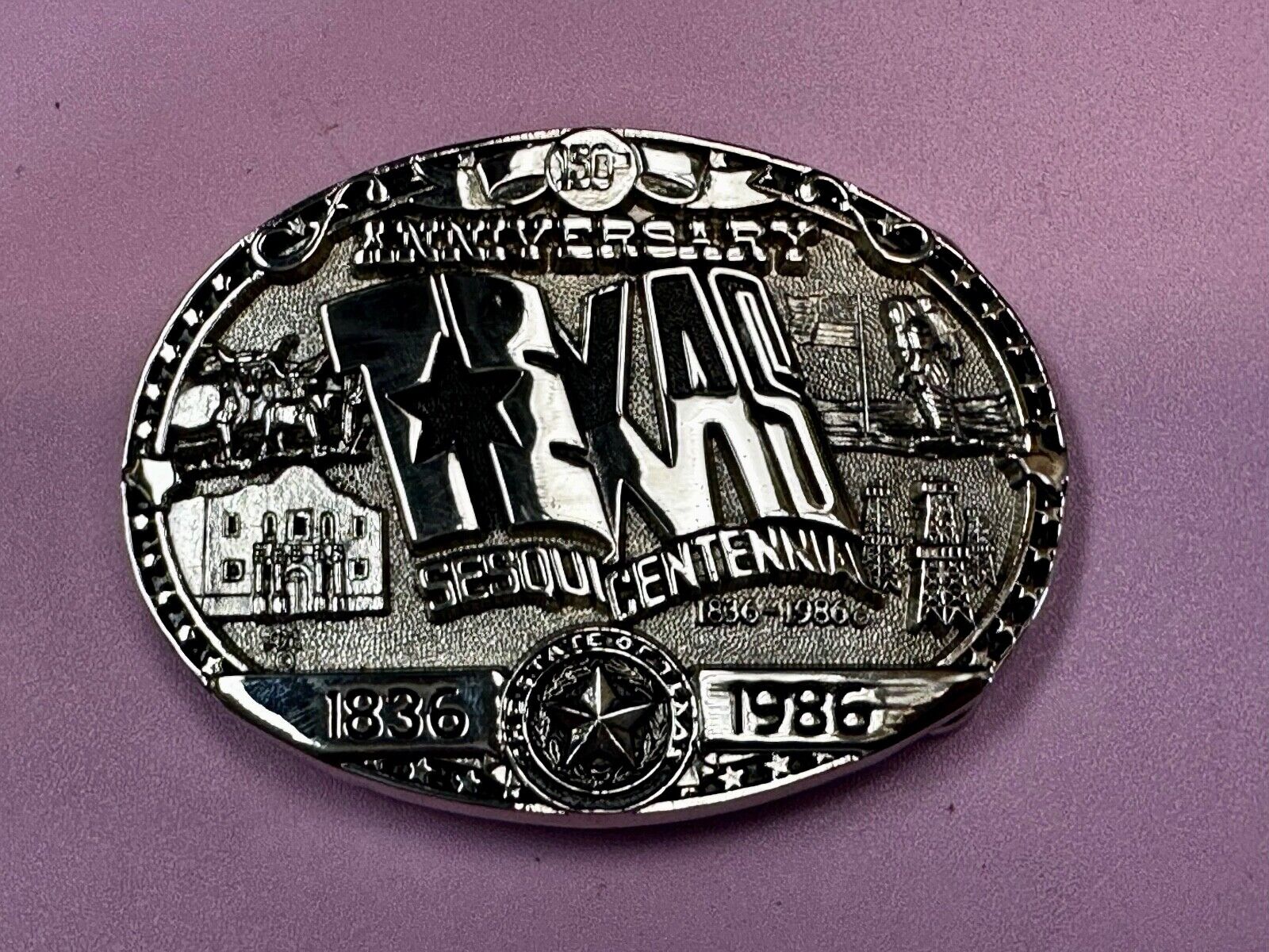 Texas Official 1986 Sesquicentennial ADM Belt Buckle  - Oil rig, Alamo Lone Star