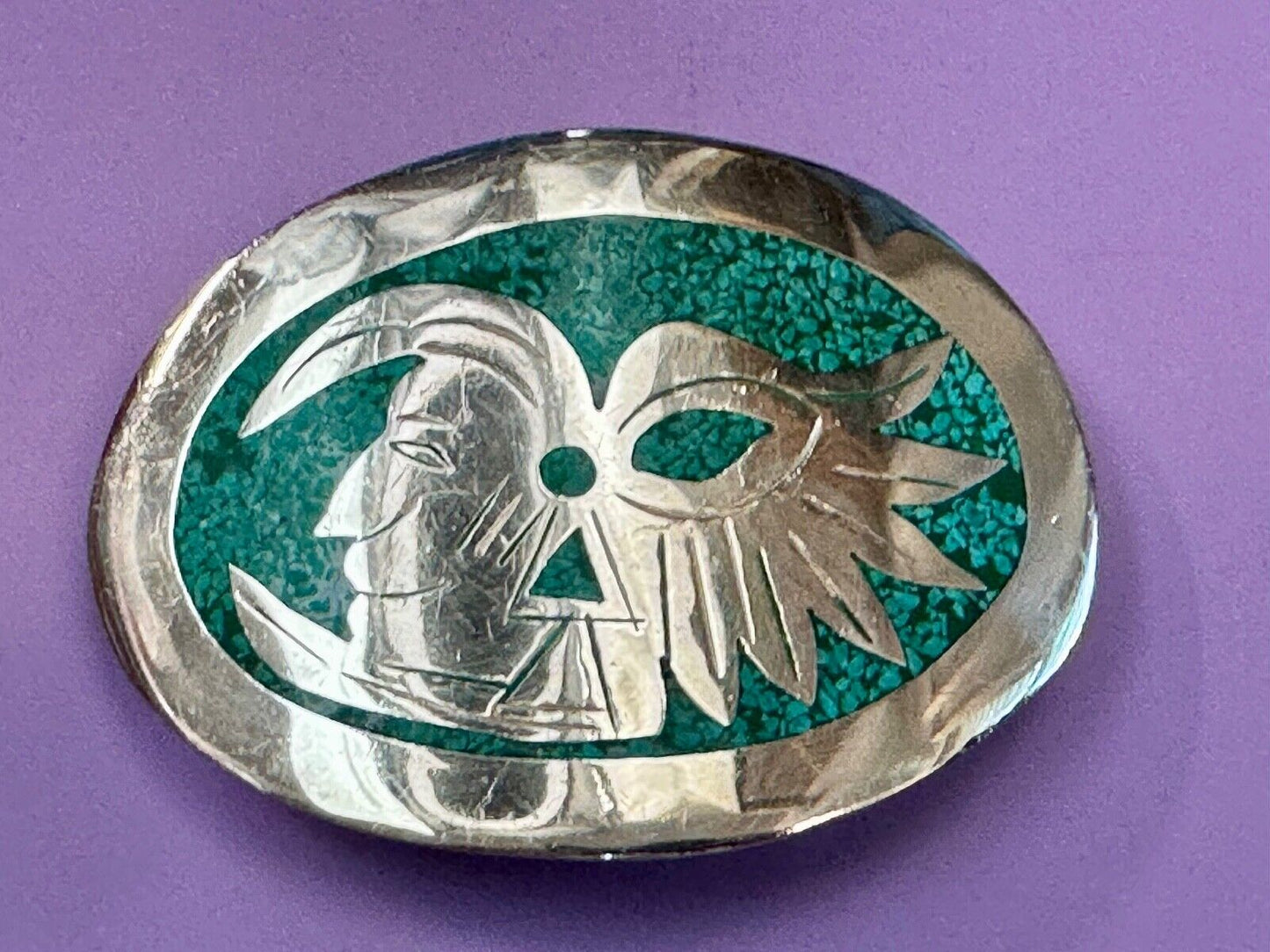 Tribal Face - Inlaid Turquoise chip to Alpaca stamped oval Belt Buckle