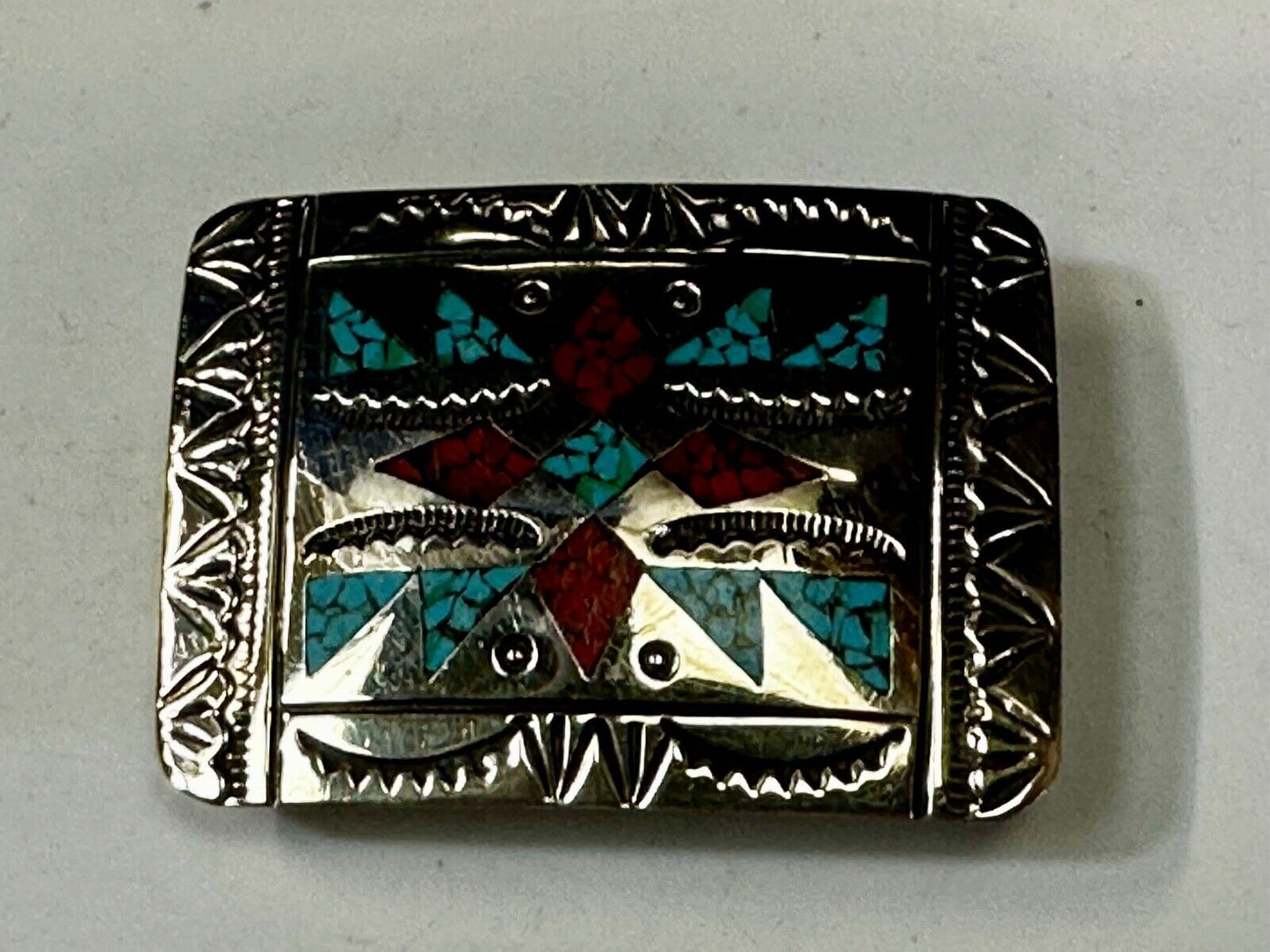 Turquoise & Coral Navajo / Native American Style Artisan 2" Belt Buckle