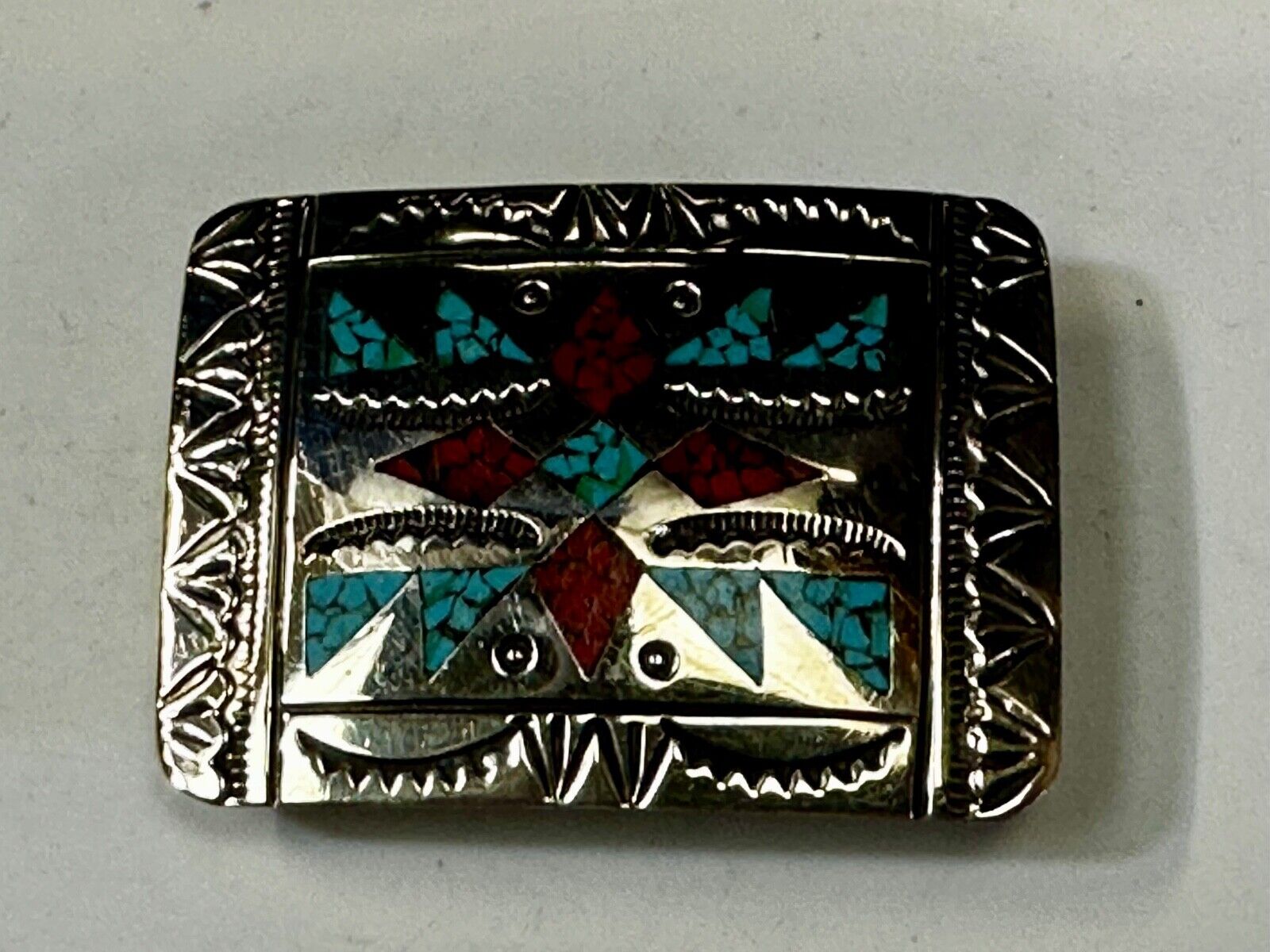 Turquoise & Coral Navajo / Native American Style Artisan 2" Belt Buckle