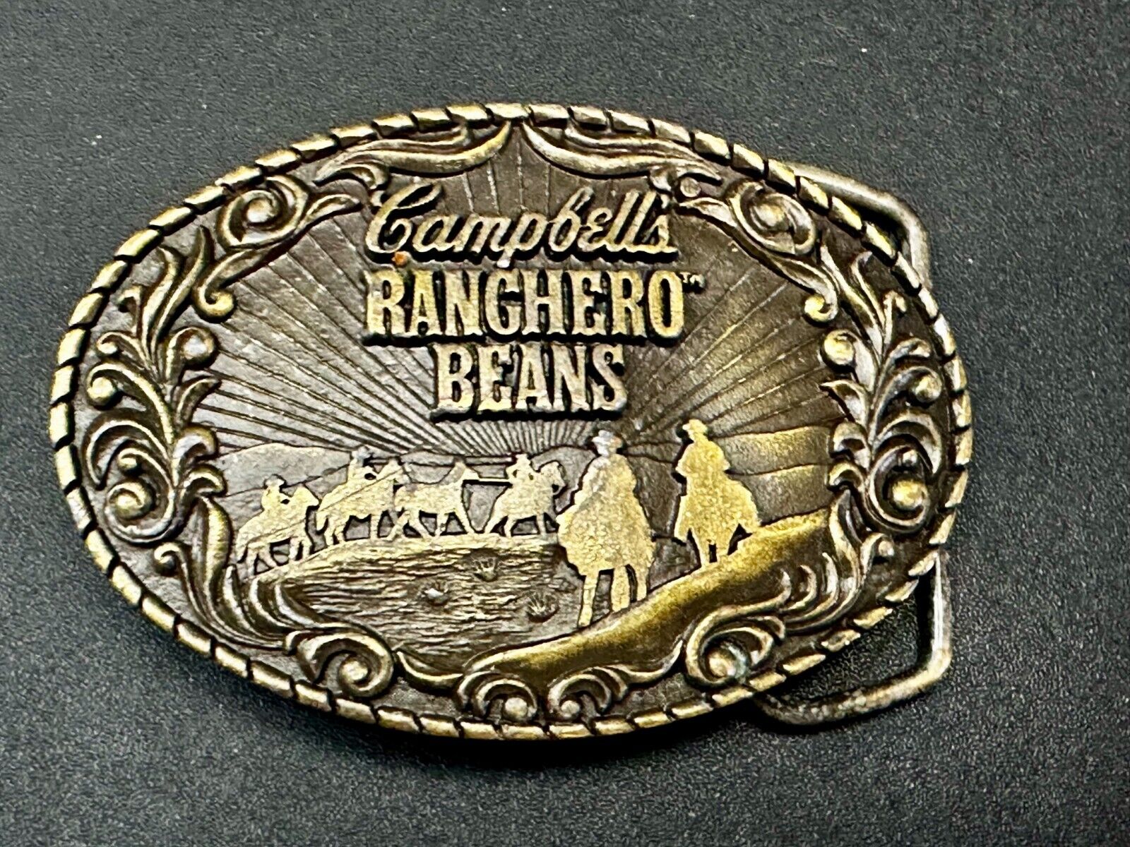 Vintage Campbells Soup Ranchero Beans Western Cowboy Chuck Wagon Belt Buckle