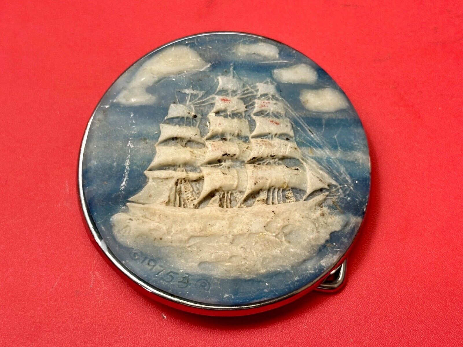 3-Masted Schooner Ship Carved Incolay Stone Cameo Vintage 1975 belt buckle