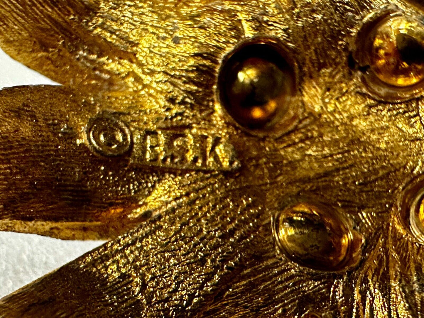 Vintage Flower Textured Brushed Gold Tone Brooch Pin Signed by BSK
