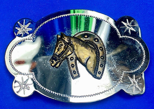 Vintage Horse Head Through Lucky Horseshoe Reflective Belt Buckle