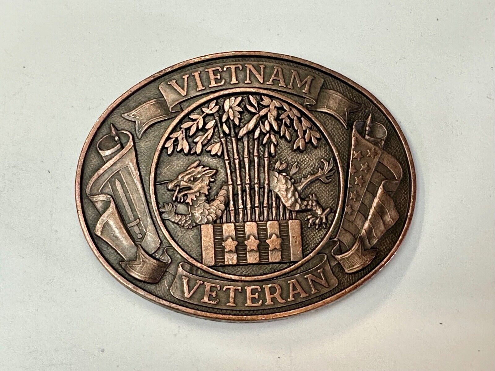 Vietnam War Veteran - vintage dragon, Patriotic American Flag oval belt buckle