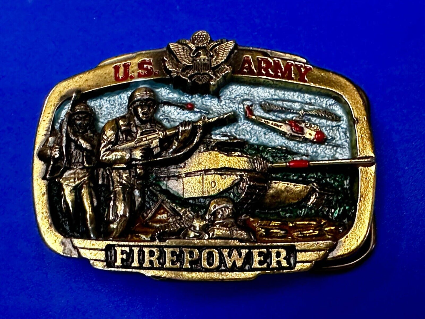 US Army Fire Power The Great American Buckle company Vintage Tank Helicopter