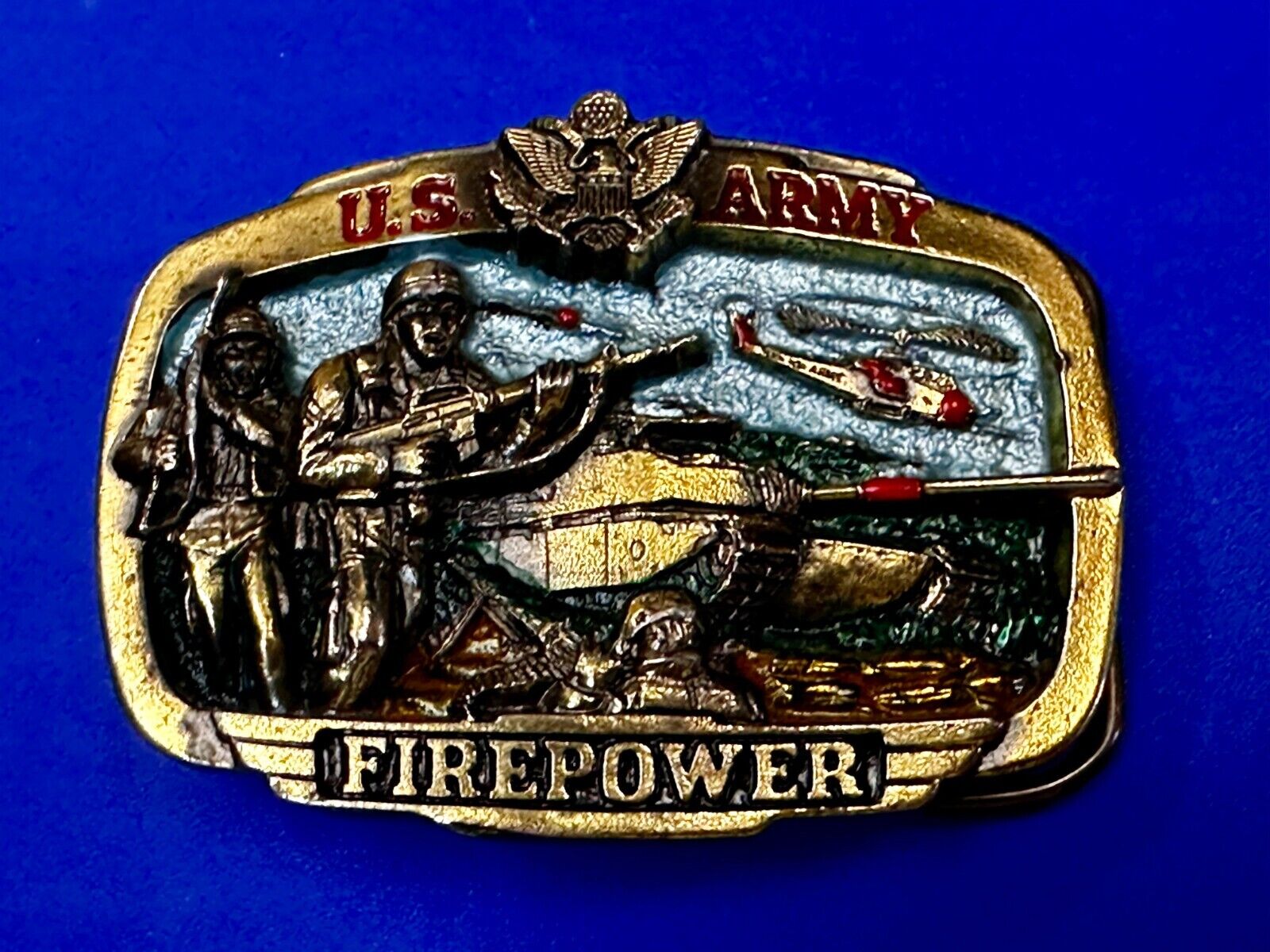 US Army Fire Power The Great American Buckle company Vintage Tank Helicopter
