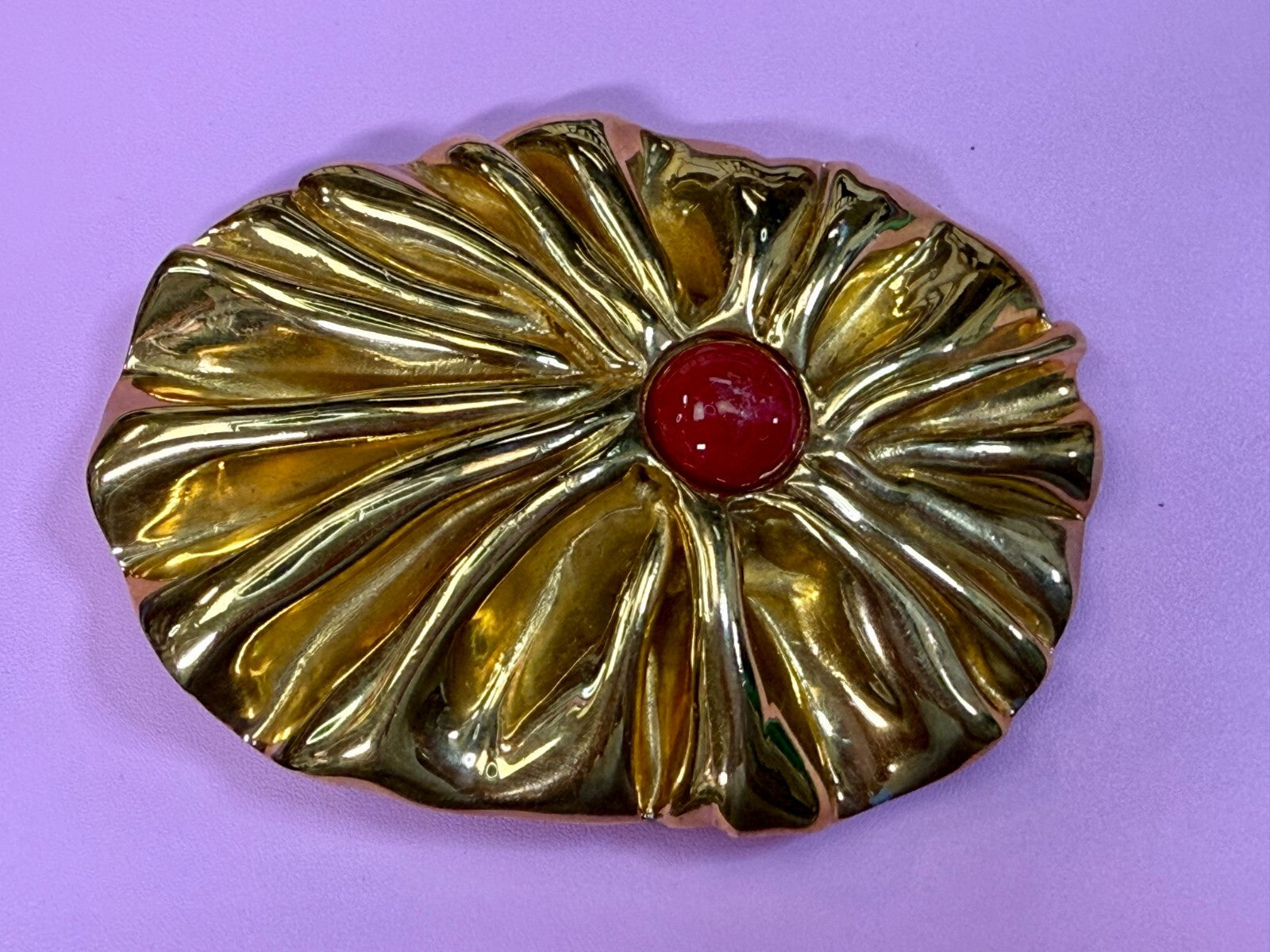 Antique Textured Metal W/ Centered Red Stone Gold Tone Belts by Lois Belt Buckle