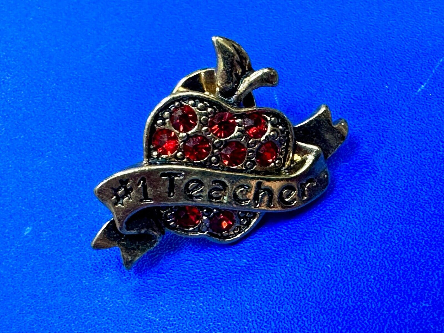 Apple Brooch Pin #1 Teacher Red Rhinestone Avon signed gold tone brooch