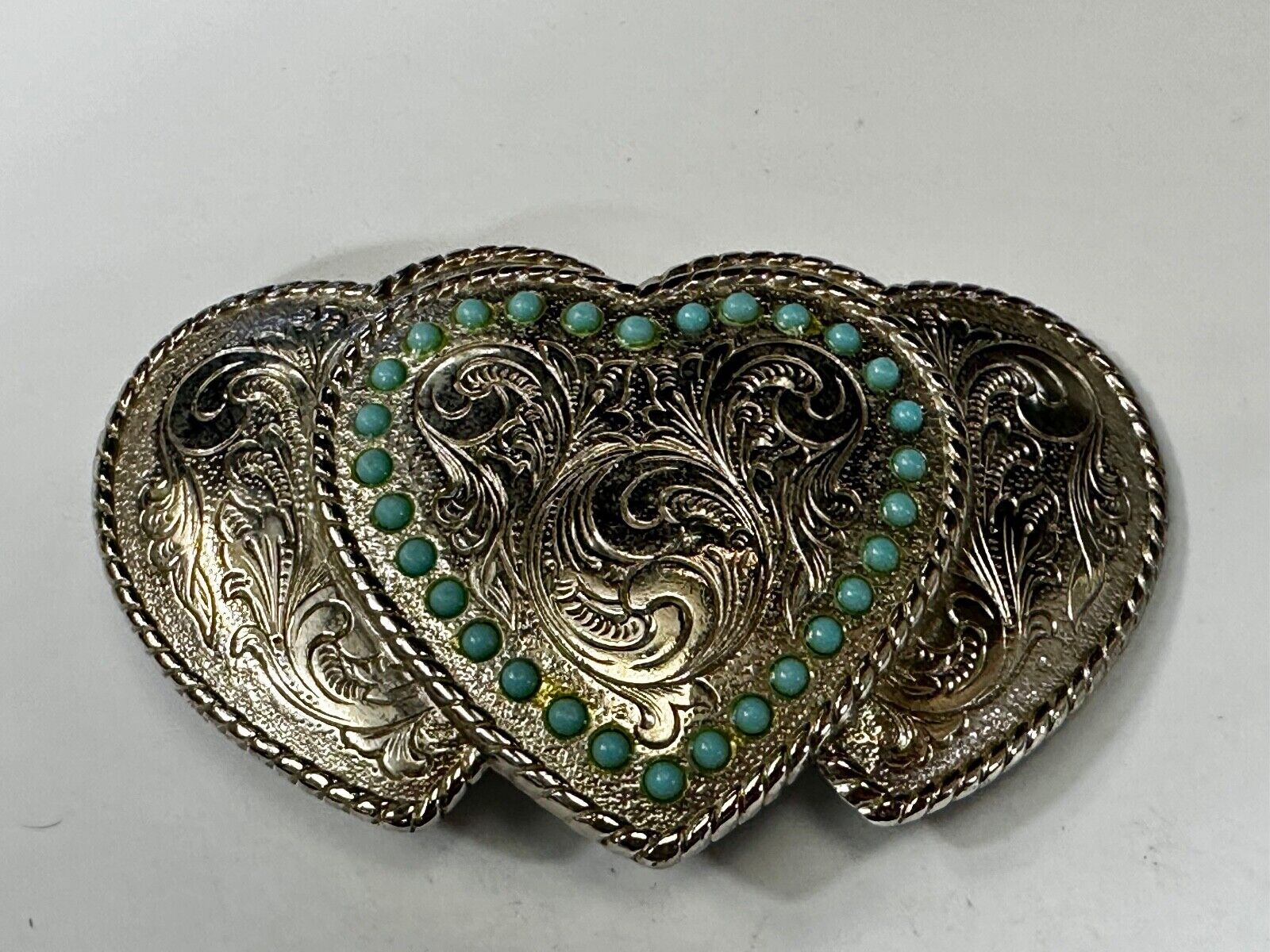 Triple 3 Hearts - Turquoise Colored Accented Or Outlined Three Heart Belt Buckle