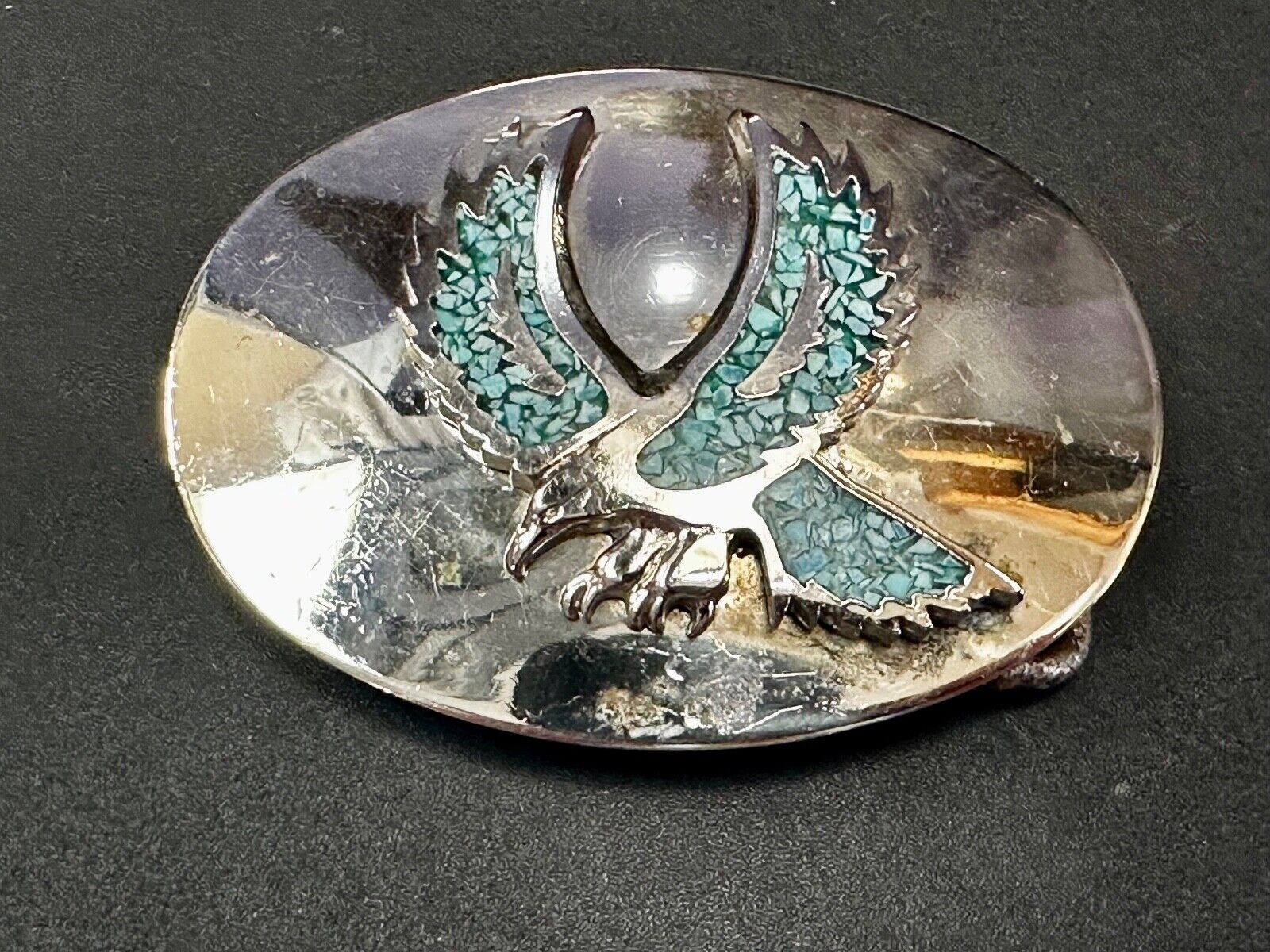 Turquoise Chip inlaid Flying Hunting Diving Patriotic American Eagle Belt Buckle