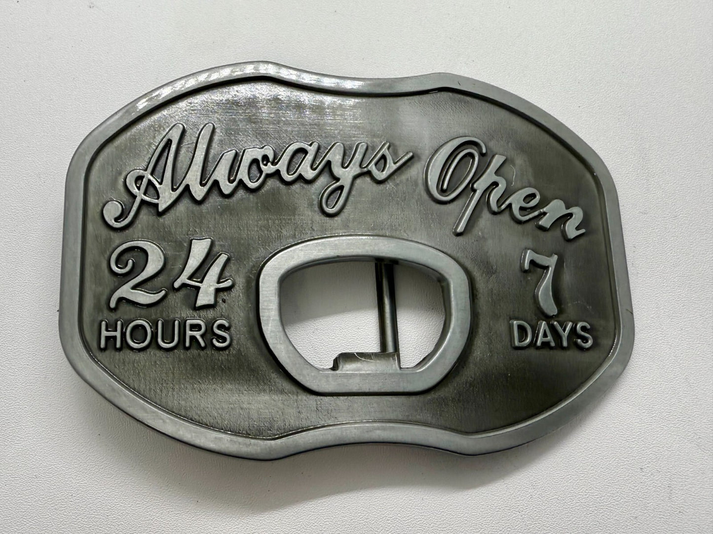 Always Open 24 / 7 Belt Buckle and Bottle Opener - Perfect Bar Pickup Line!