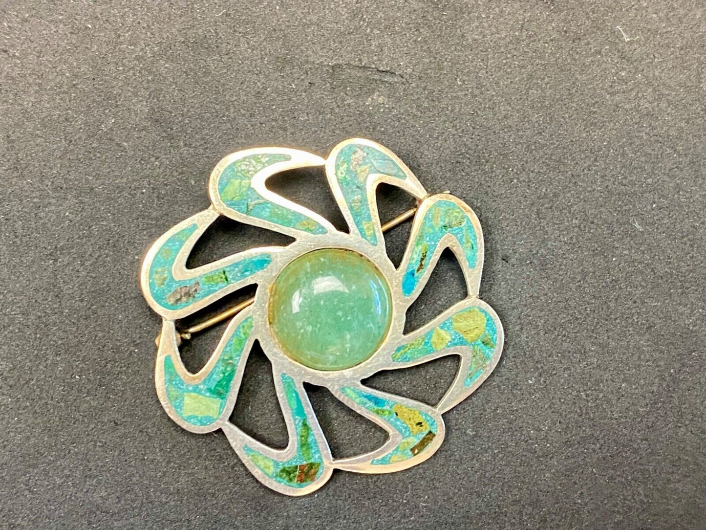 Unique Stone Chip Inlaid 925 Taxco Tr-43 Sterling Mexico Brooch