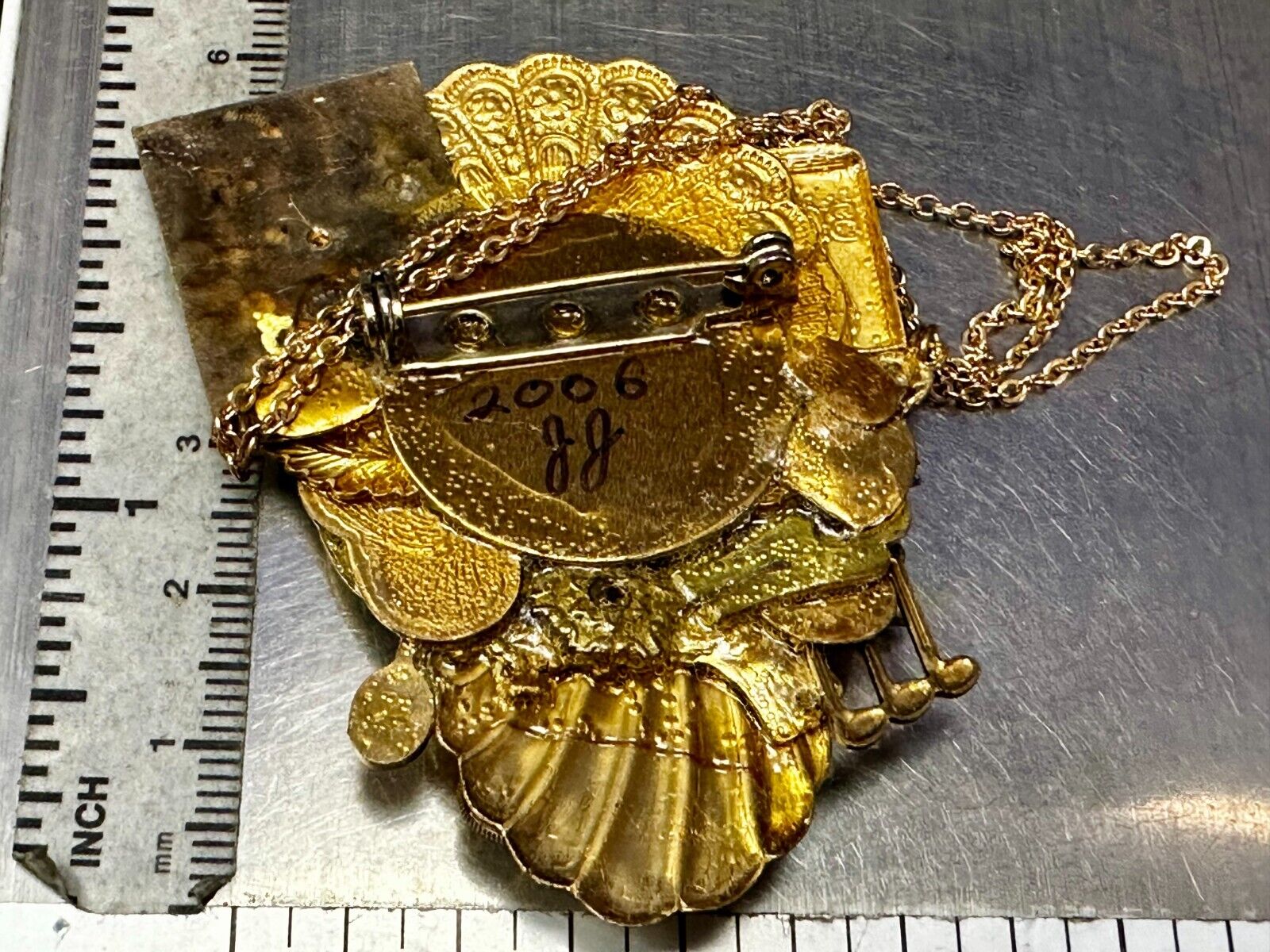 Teacher School Book My Garden Artisan Chain Charm Gold Tone Brooch Pin 2006