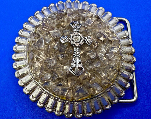 Artisan Religious Iron Cross Clear Stone Covered Unique Round Belt Buckle