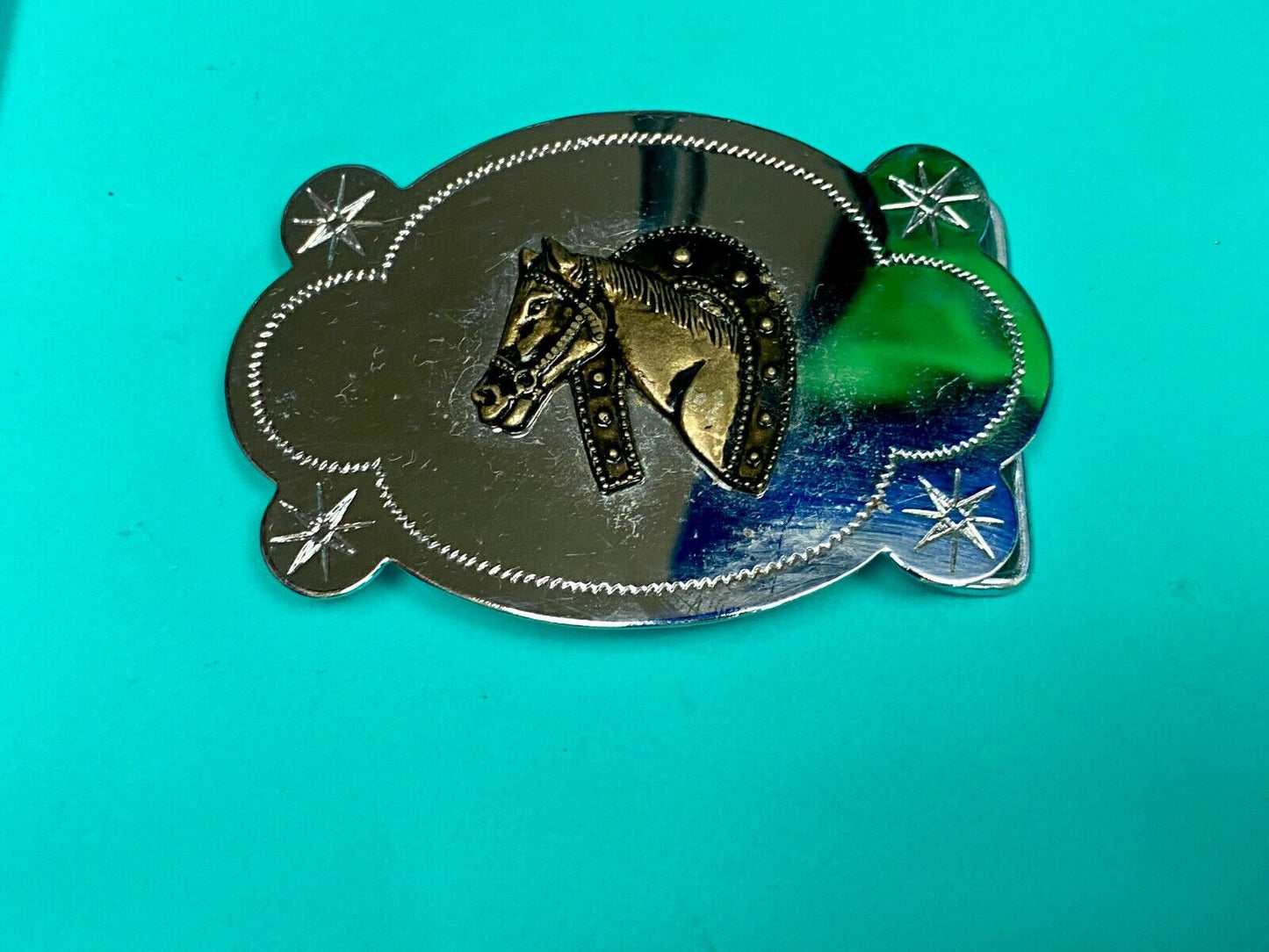 Vintage Horse Head Through Lucky Horseshoe Reflective Belt Buckle