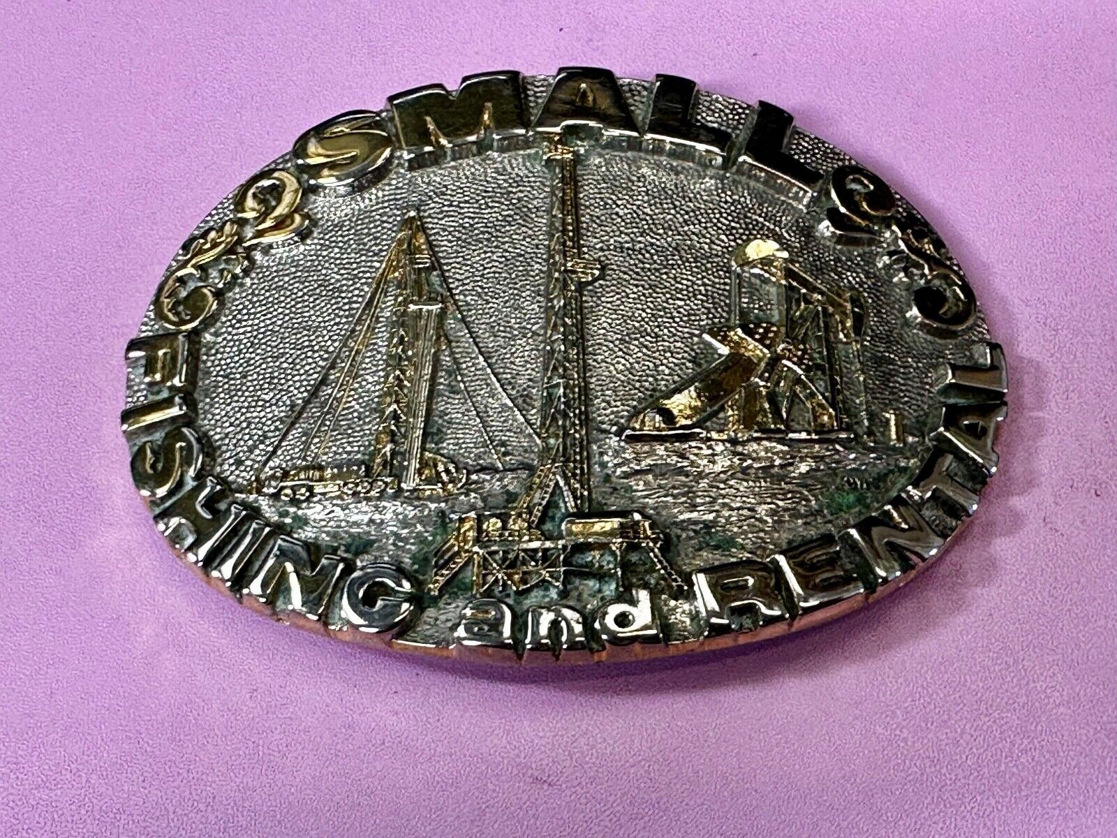 2 Small Fishing And Rental 24K Gold Plated Off Shore Oil Rig Belt Buckle By Adm