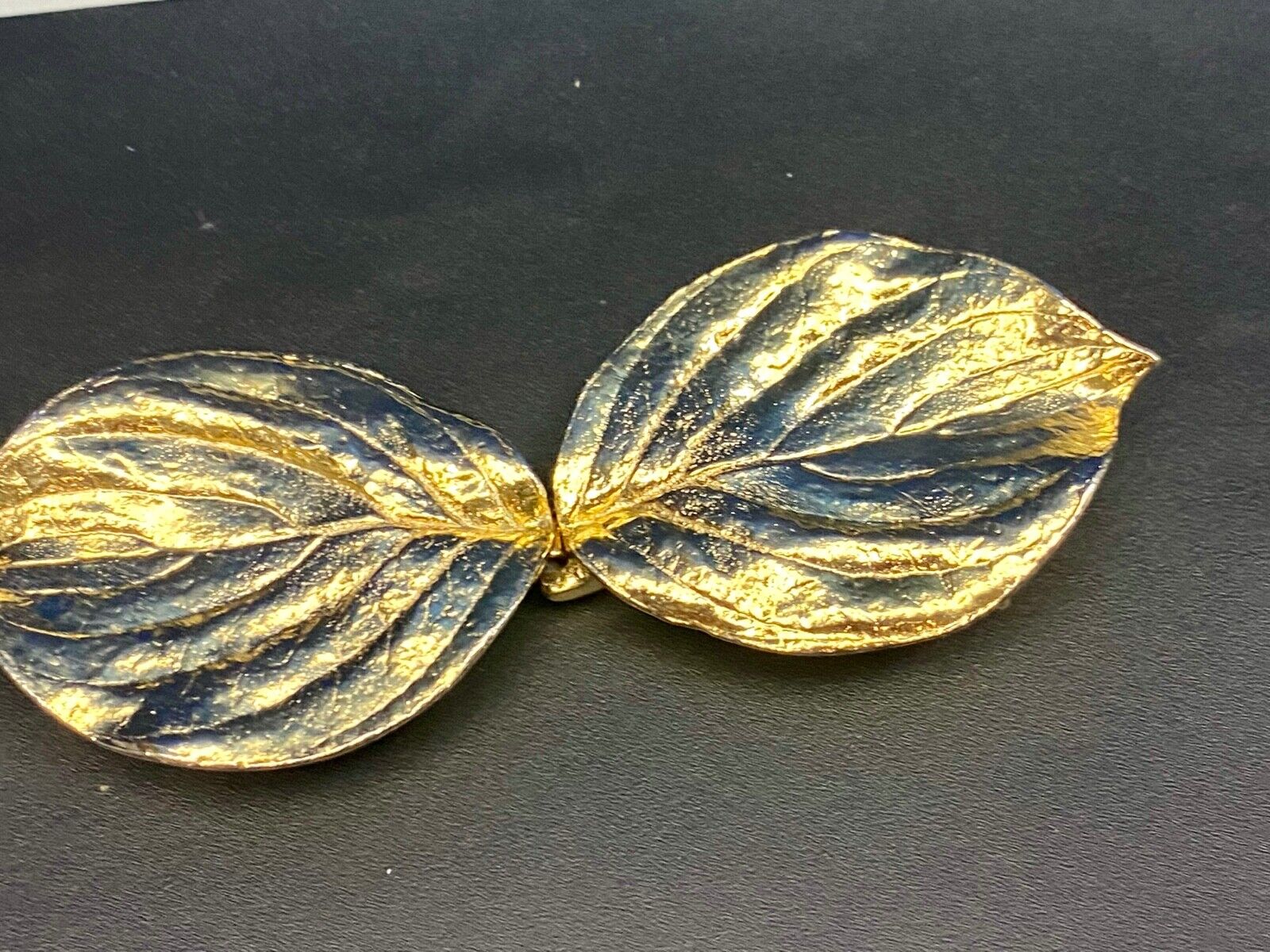 Vintage gold tone two piece interlocking 5" wide leaf belt buckle w/ makers mark