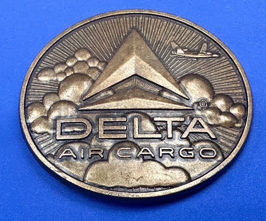 Vintage 1970s Delta Air Cargo Belt Buckle Brass tone Metal Airline Airplane USA