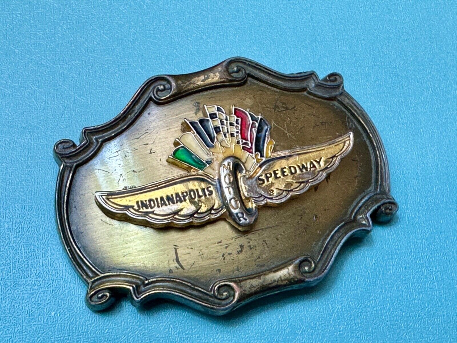 Vintage Indianapolis 500 speedway western framed belt buckle by Raintree
