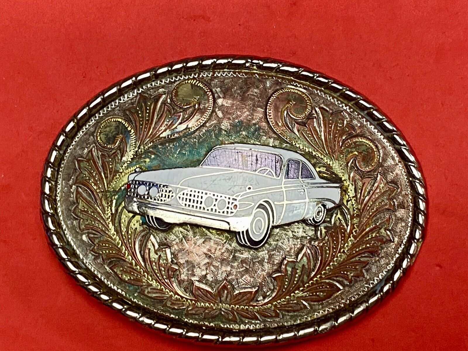 A custom Pimped out retro 70's Car - a caddy? on a western belt buckle signed W!