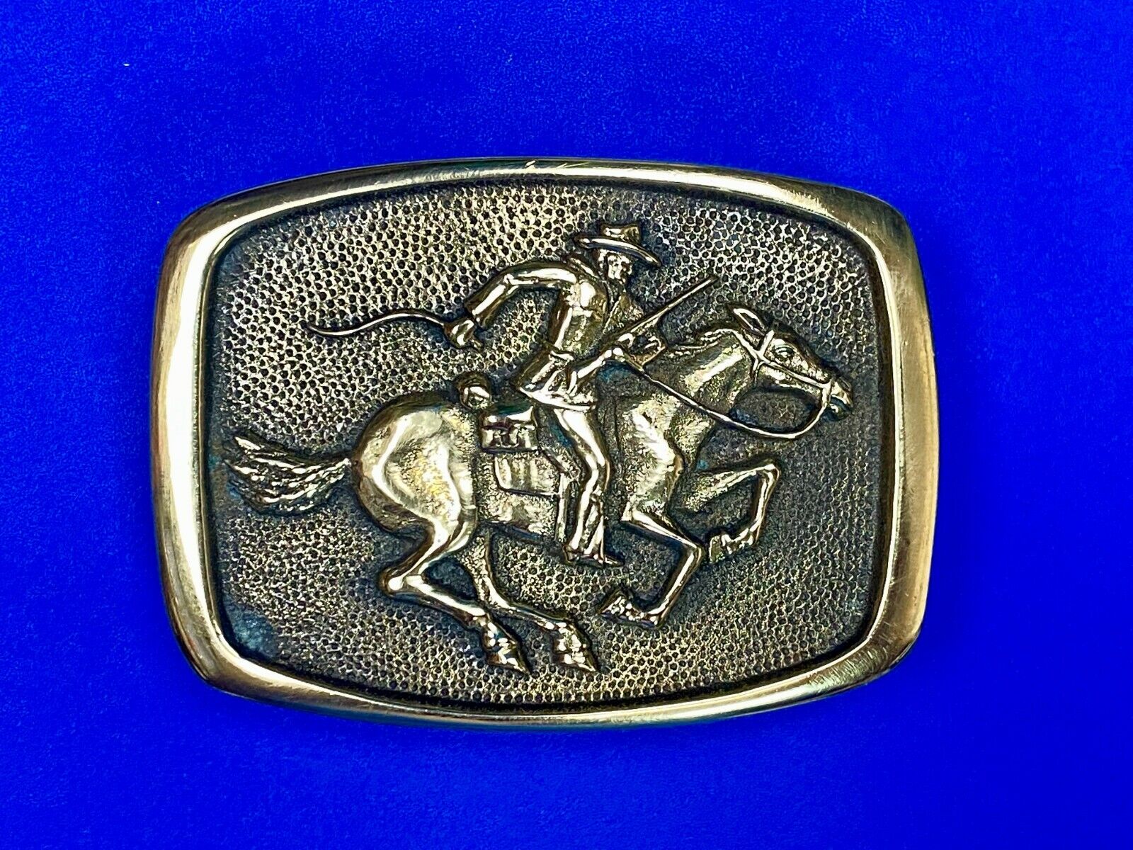 Vintage 1978 Horseback Rider Cowboy Bank Robber Solid Brass Belt Buckle By BTS