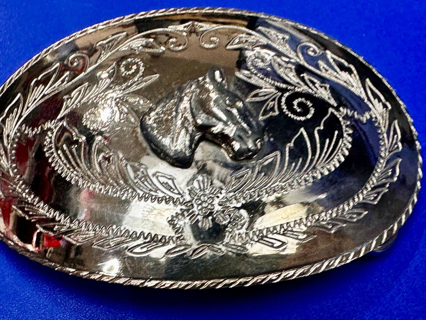 Vintage Horse Head Rodeo Flower Swirl Silver Tone Belt Buckle