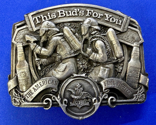 This Bud's For You The American Fire Fighter Anheuser-Busch Inc 1987 Belt Buckle