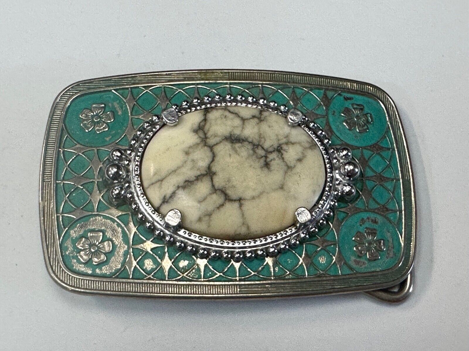 vintage Magnesite cabochon cab stone centerpiece on western belt buckle
