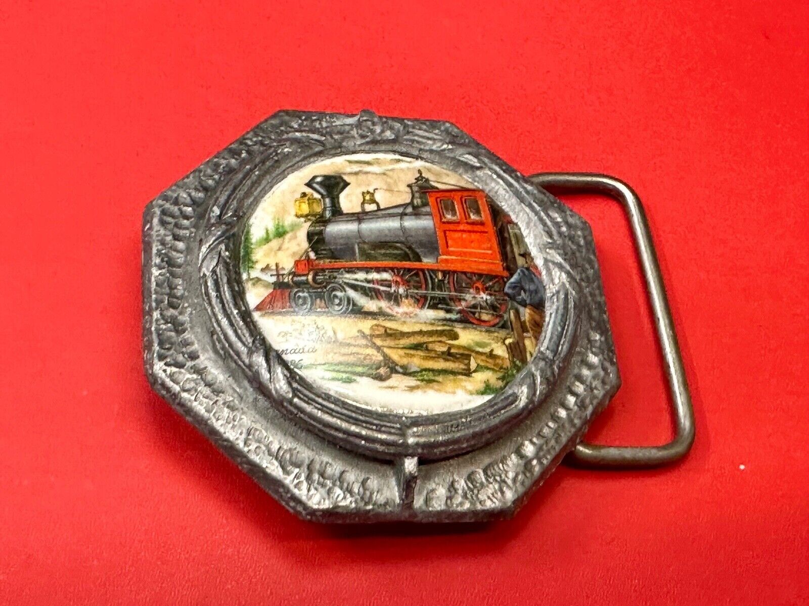 Train Steam Engine Art Picture on ceramic and pewter Vintage Belt Buckle