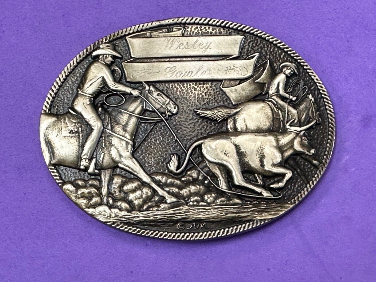 The Cattle Drive Western Rodeo Cowboys engraved award ribbon scroll belt buckle
