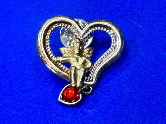 Angle Sitting in Heart Shaped Brooch pin with red heart dangle charm