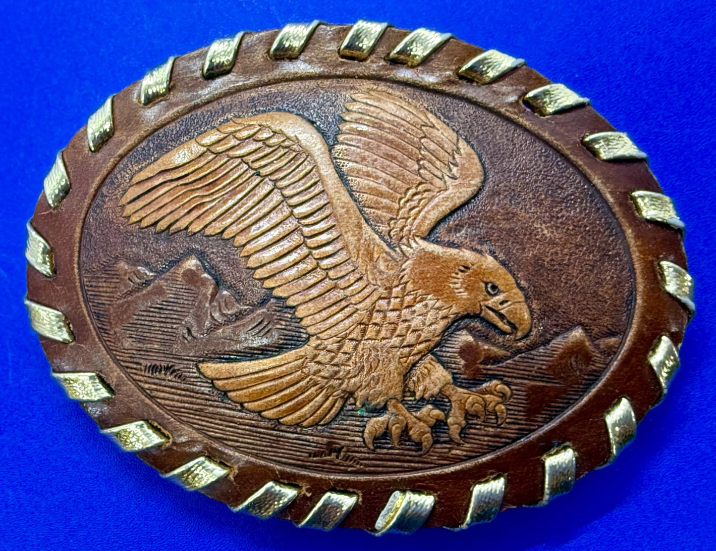 American Bald Eagle Flying Over the Mountain Embossed on Leather Belt Buckle