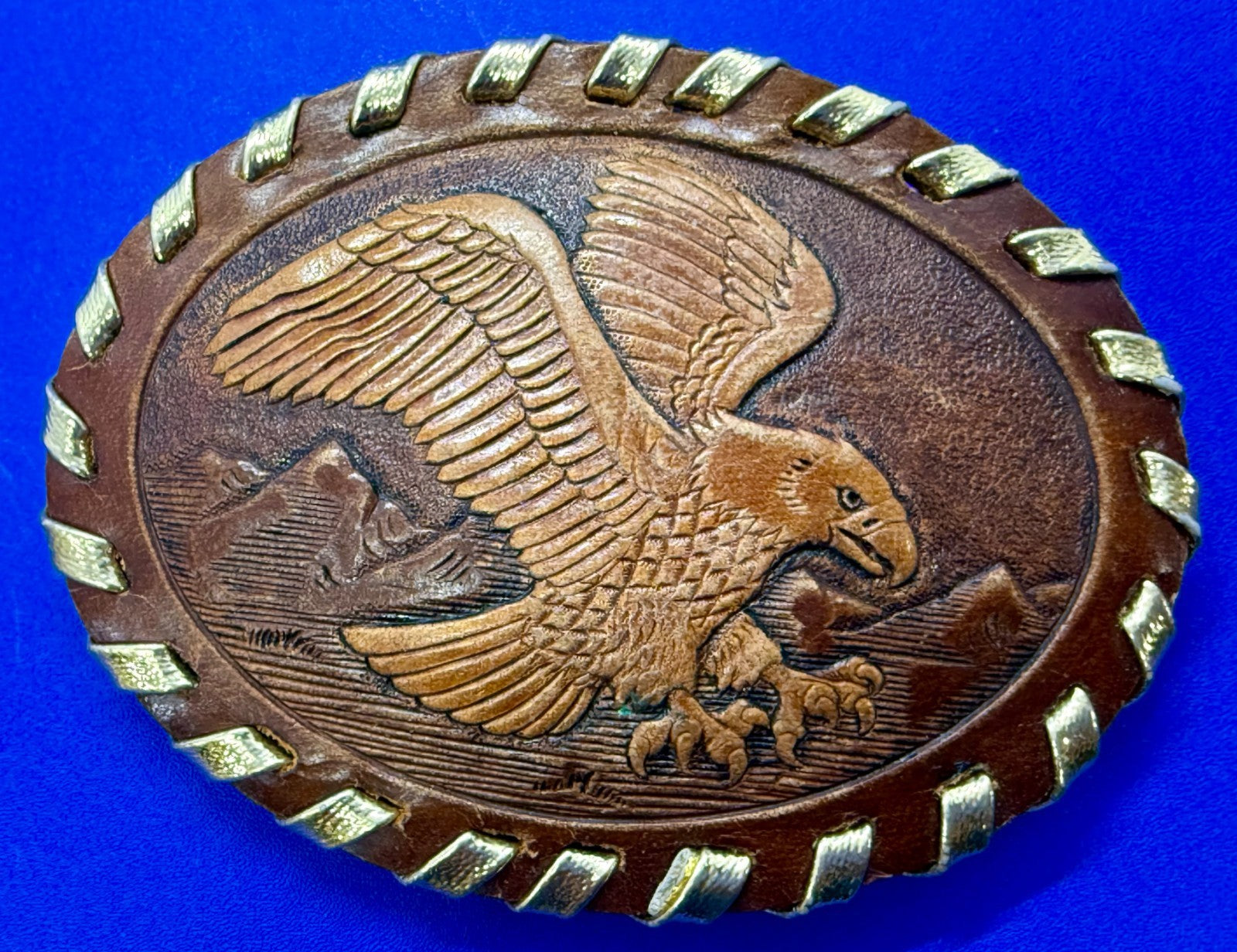 American Bald Eagle Flying Over the Mountain Embossed on Leather Belt Buckle