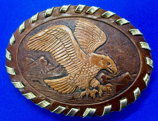 American Bald Eagle Flying Over the Mountain Embossed on Leather Belt Buckle