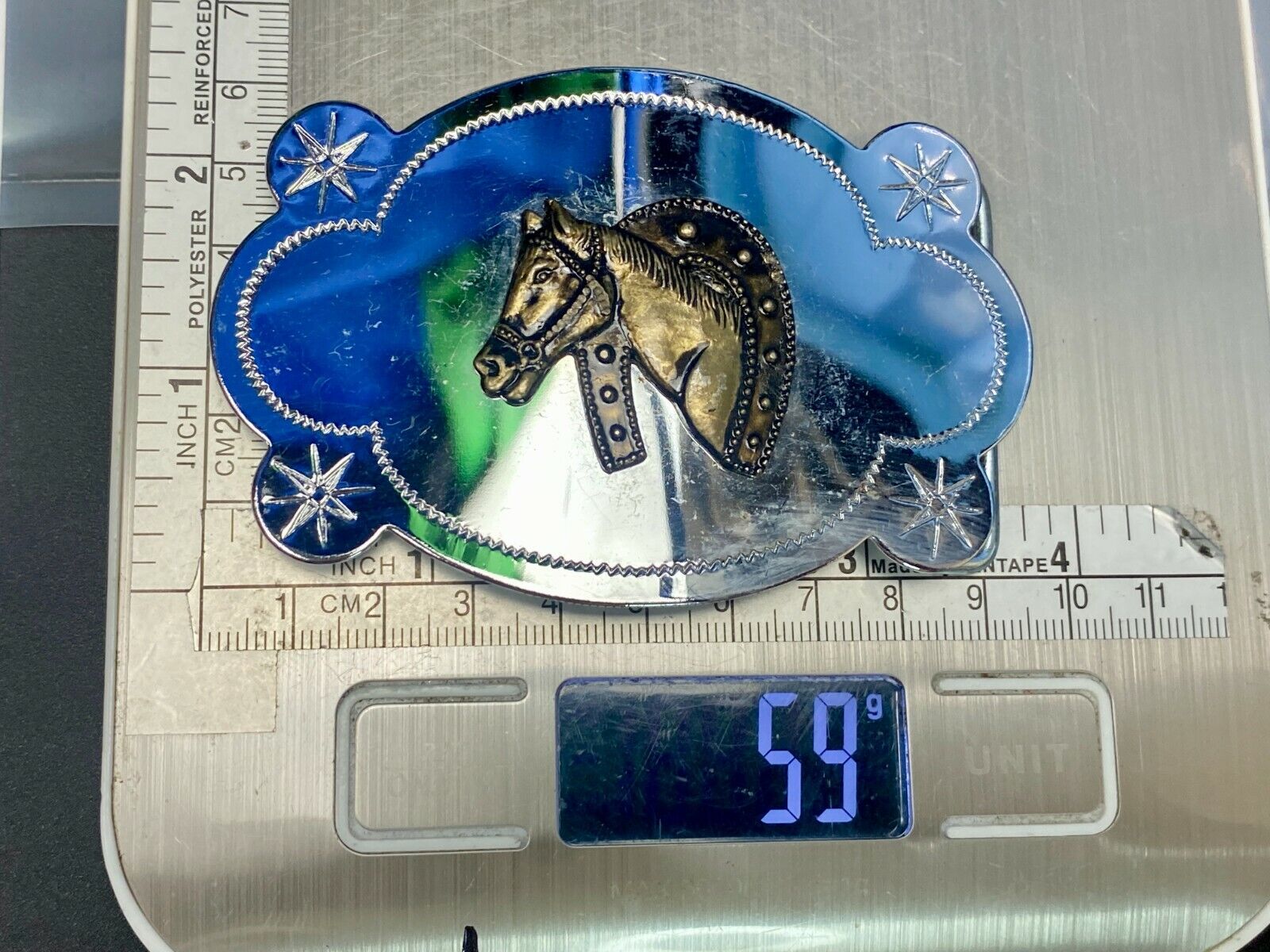 Vintage Horse Head Through Lucky Horseshoe Reflective Belt Buckle