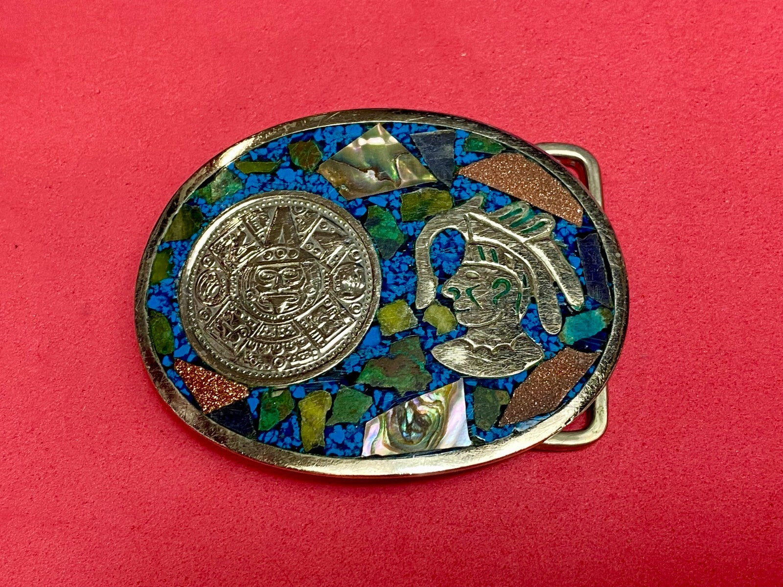 Aztec Mayan Calendar Coin Turquoise Inlay Mexico Sterling Silver Belt Buckle