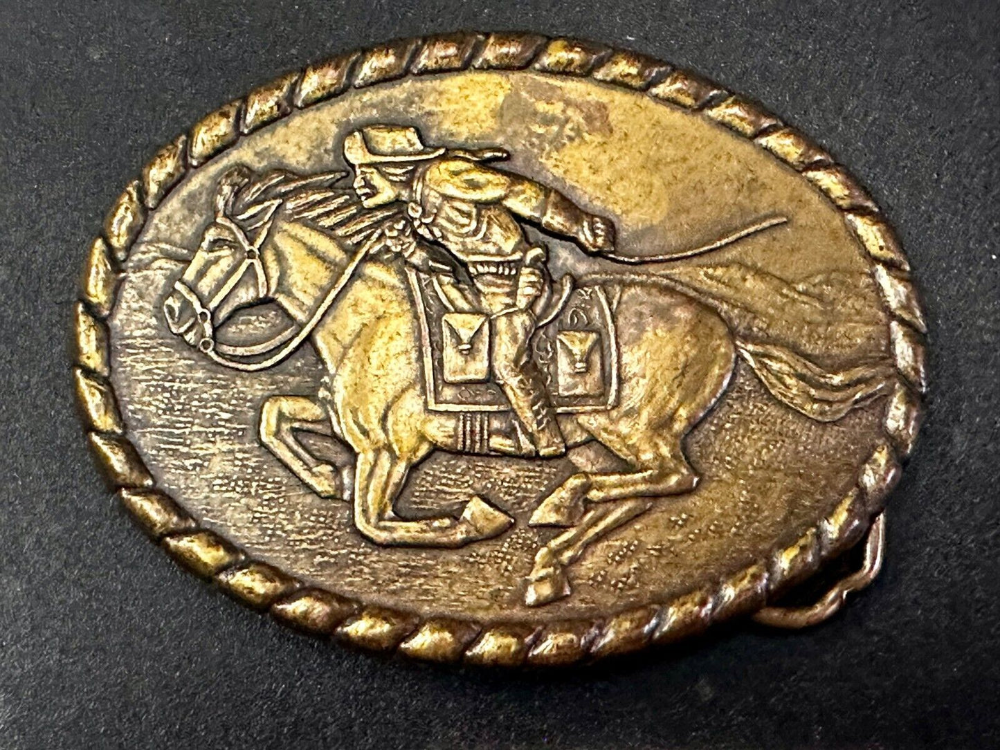 Vintage 1981 Pony Express Rider Mervyn's Commemorative Brass Tone Belt Buckle