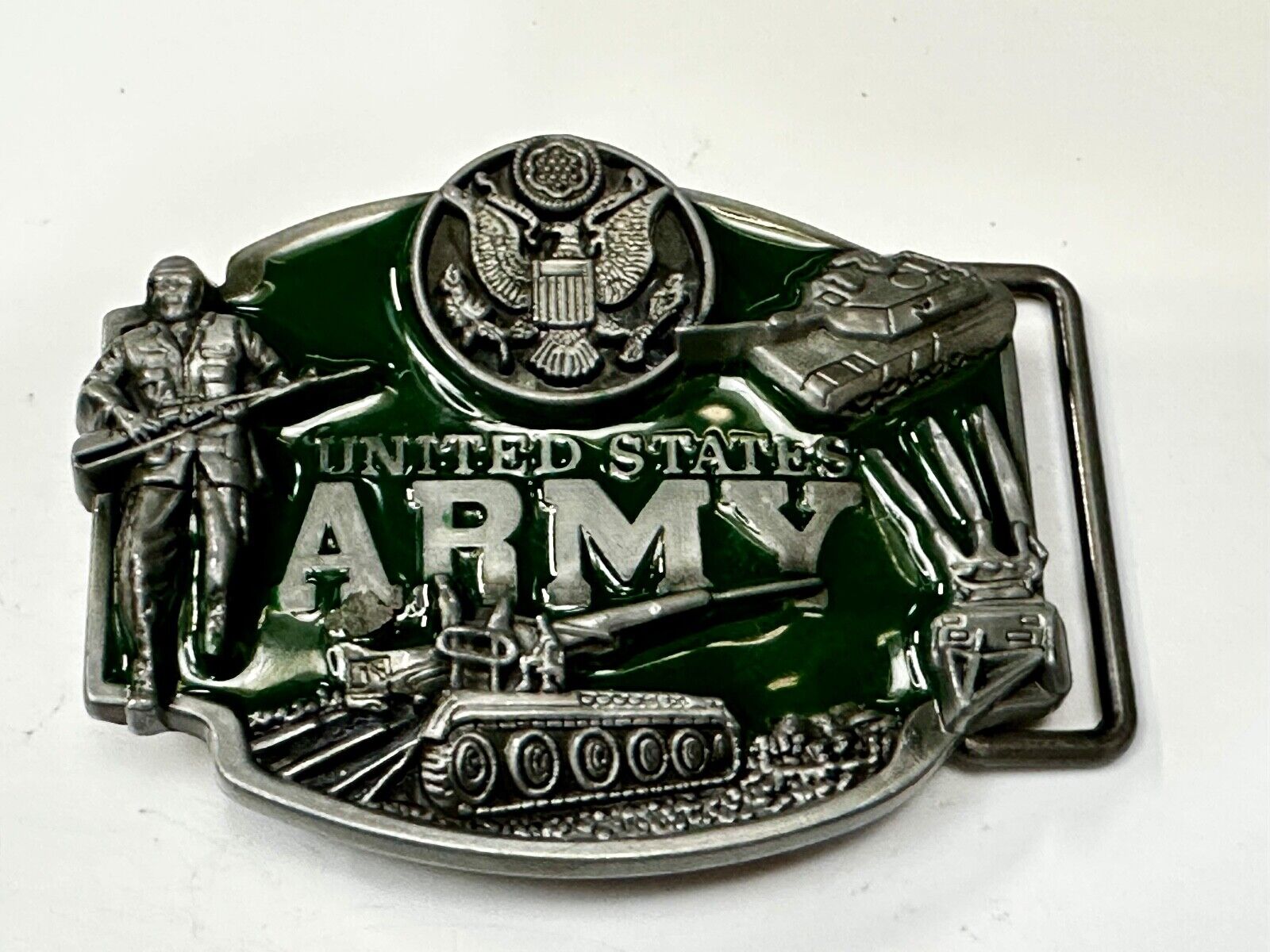 United States Army - Dimensional Patriotic Soldier Tank Cameo Green Belt Buckle