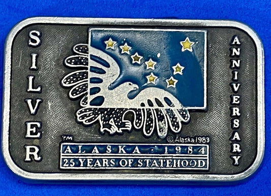 Vintage 1983 Alaska State, Silver Anniversary 25 Years Of Statehood belt buckle 