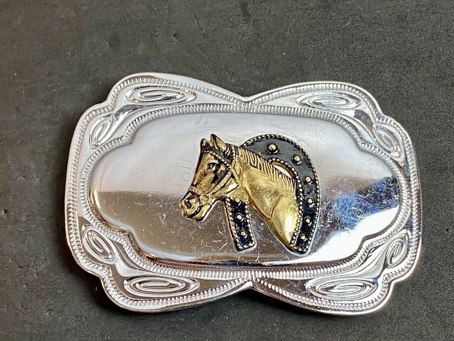 VINTAGE DIMENSIONAL WESTERN HORSE HEAD through HORSESHOE EQUESTRIAN BELT BUCKLE 