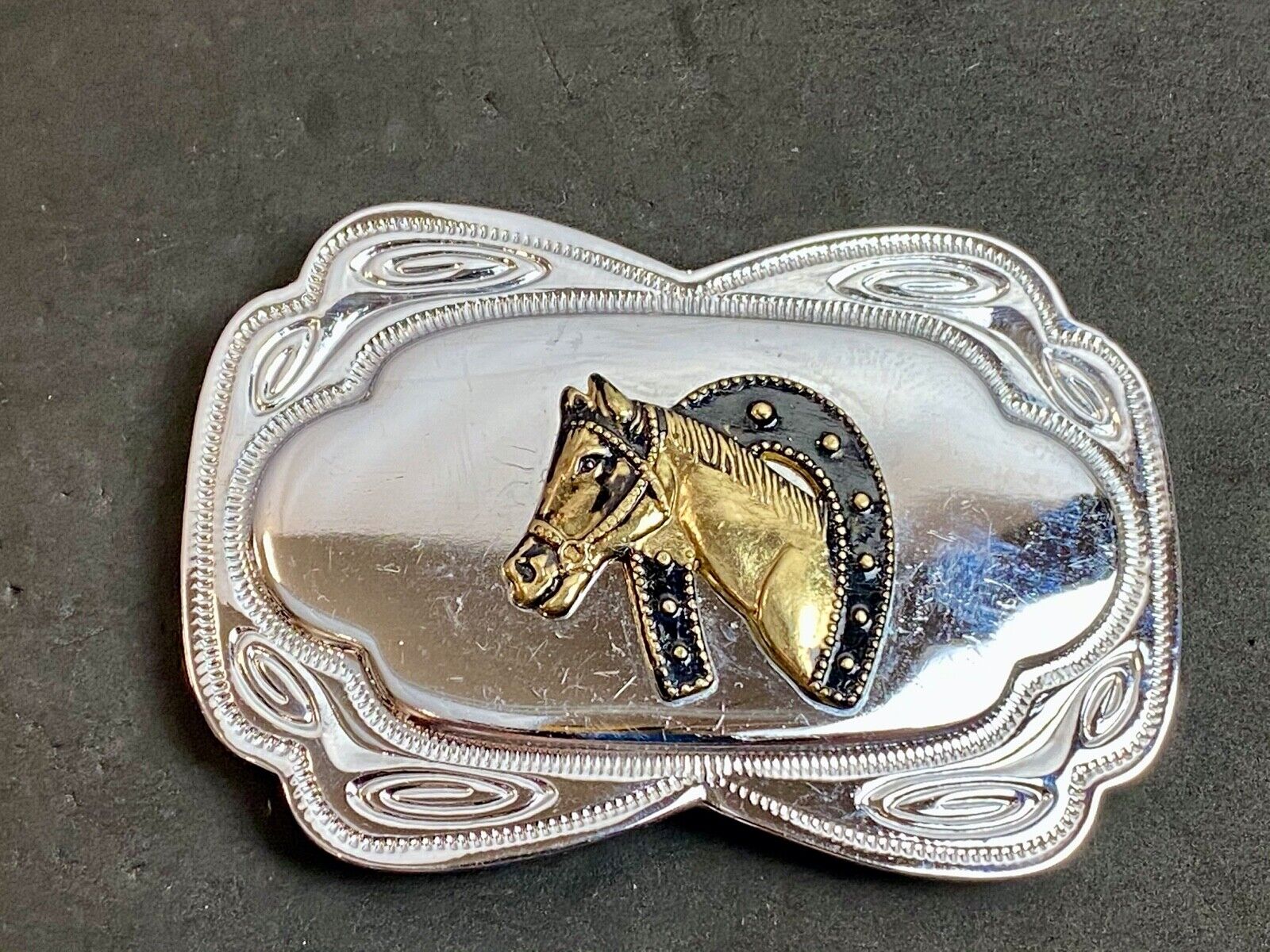 VINTAGE DIMENSIONAL WESTERN HORSE HEAD through HORSESHOE EQUESTRIAN BELT BUCKLE 