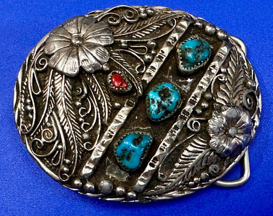 Turquoise Feathers & Coral  Native Indian Themed Art Vintage SSI Belt Buckle